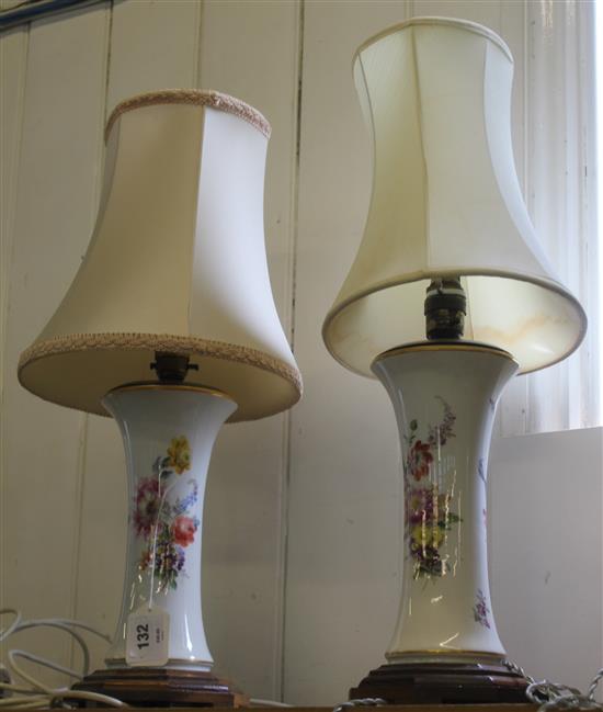 Pair of Coalport vase table lamps, floral spray-decorated